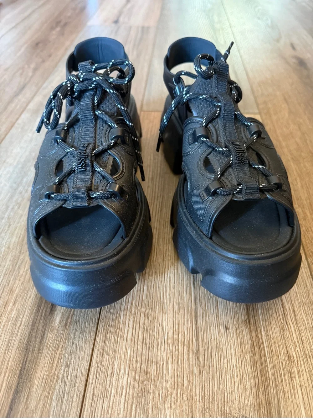 Melissa Black Chunky Platform Sandals with Lace-up Detail